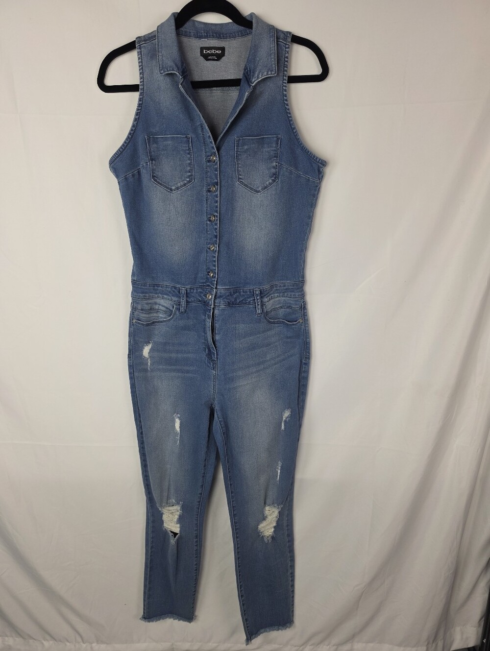 Bebe Denim Jumpsuit Women 31 Blue Distressed Sleeveless Full Zip Edgy Streetwear